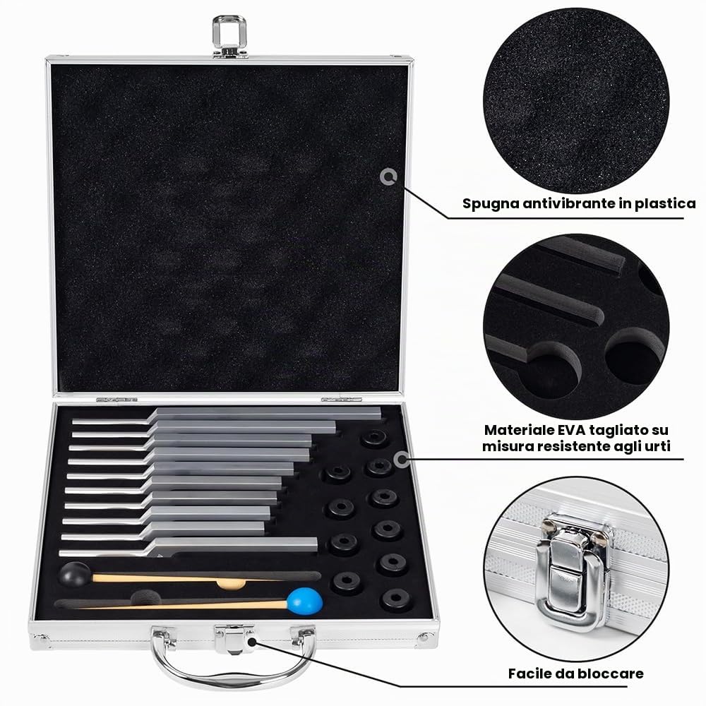 Diapason Neurologico,Set di 10 pezzi con base + 2 martelli in silicone e panno per la pulizia, diapason ideale per la guarigione dei chakra, la guarigione del suono e l'antistress.