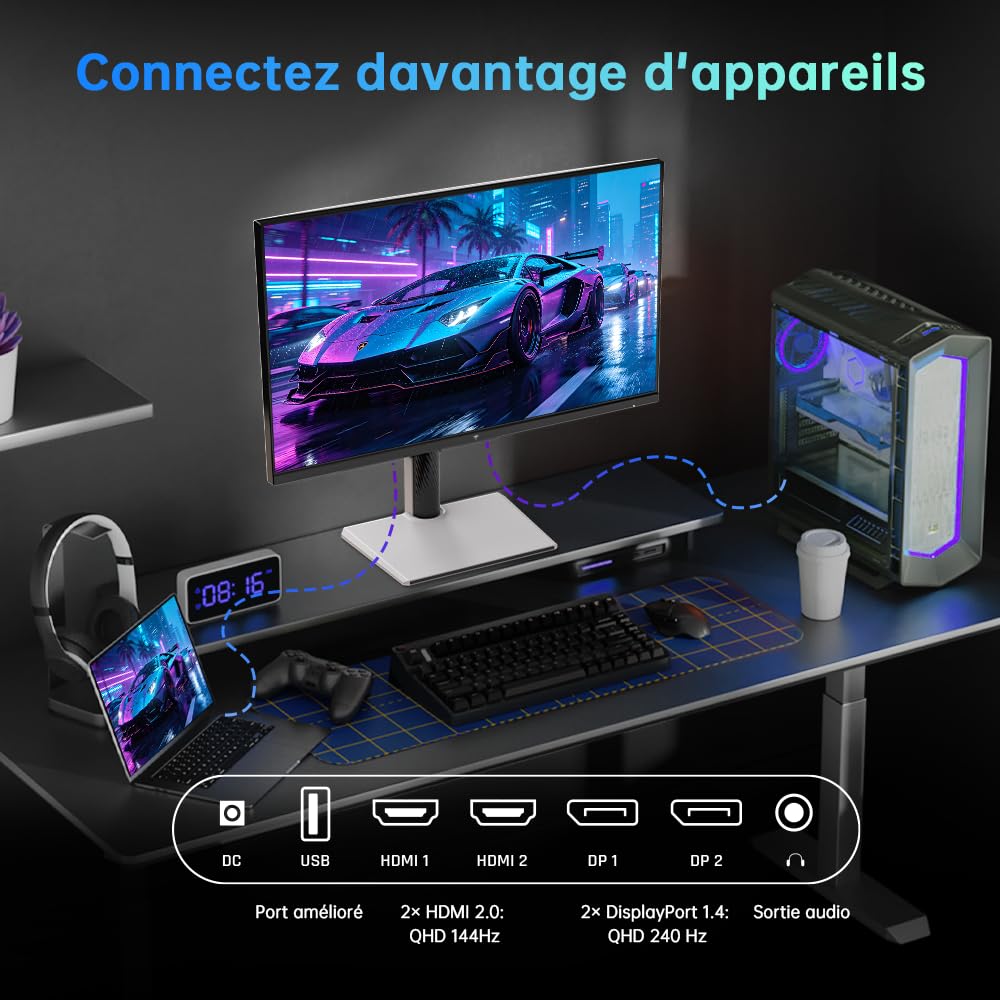 KTC H27E6S Écran Gaming 27 Pouces QHD 2560 x 1440, 240Hz (OC 275Hz), Fast IPS, 1 ms, HDR400, FreeSync & G-Sync Compatible, Eye Care, VESA 100x100mm, Pied Réglable en Hauteur, HDMI 2.0, DisplayPort 1.4