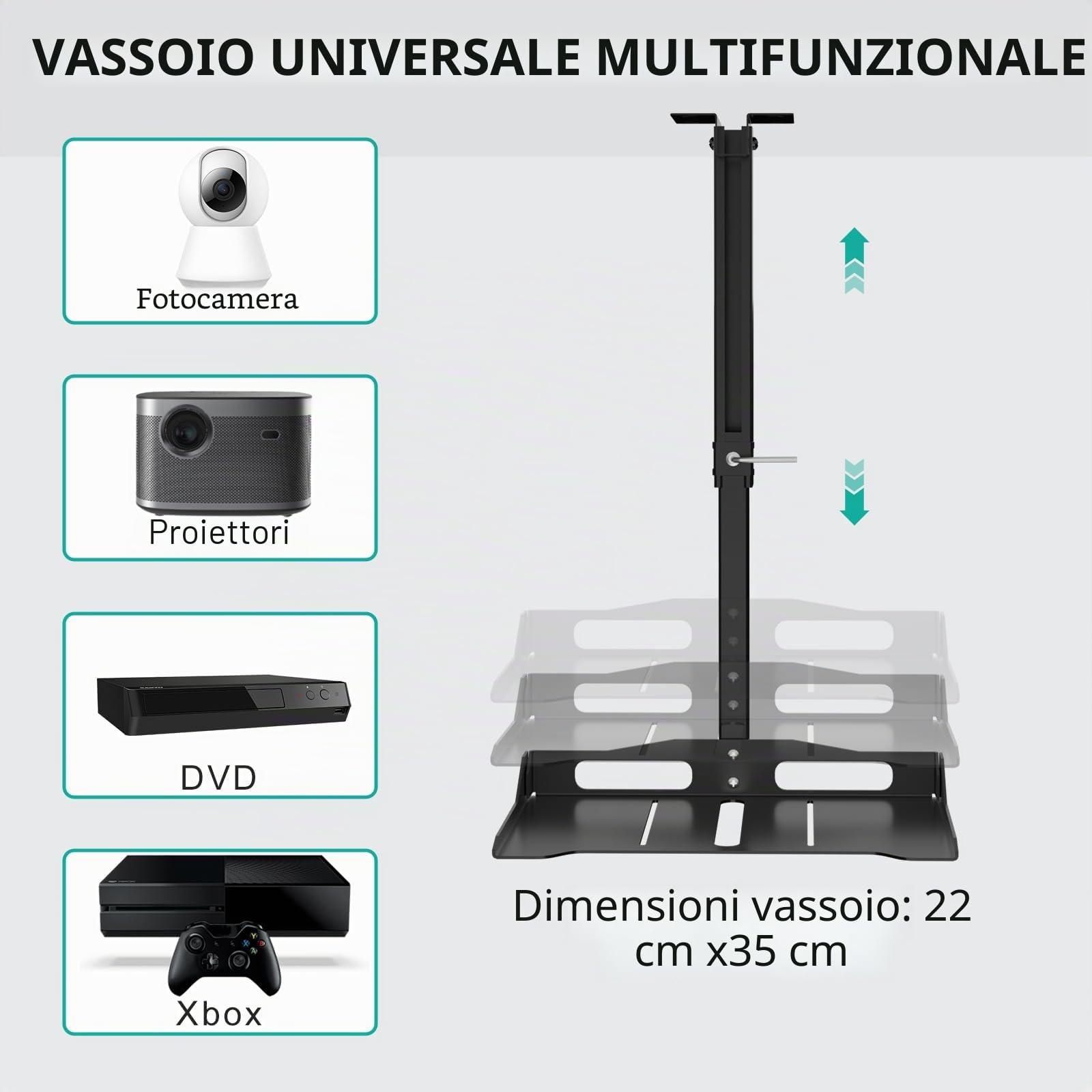 WALI Supporto Proiettore Soffitto e Parete, Staffa Proiettore Regolabile in Altezza da 57,8 a 76,8 cm, Supporto Installazione Senza Foratura, Supporta fino a 10 kg(PM-005-B), Nero