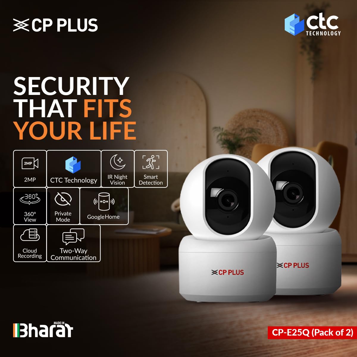 CP PLUS 2MP Full HD Wi-Fi CCTV Camera for Home with Motion Tracking | Smart Detection Suite | Night Vision | Cloud Recording | View & Talk | Supports OK | CTC Cyber Secure | CP-E25Q (Pack of 2) — Amazon image 2