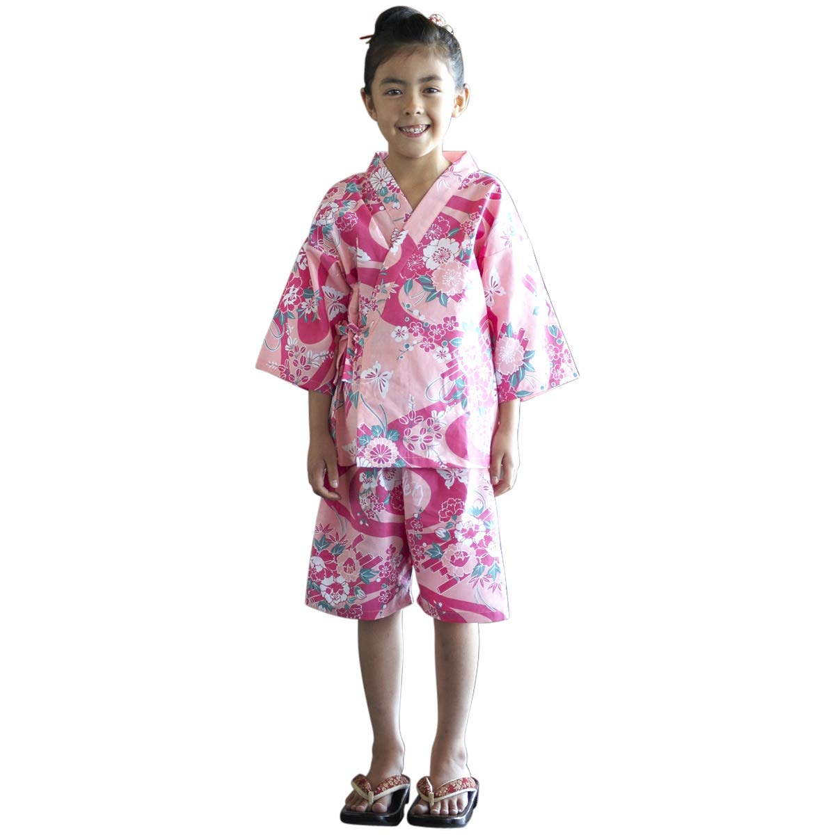 JINBEI for kids girls. japanese Midori Yukata for Children. Kimono made in Japan. ” Pink Flower Raft/????? ” (Medium)