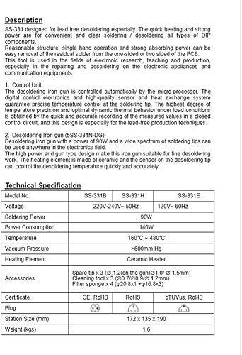 Miniatura 6 de Pro'sKit SS-331H 220V LCD Pistola desoldadora eléctrica antiestática de alta potencia fuerte succión bomba desoldadora - GOLDEN BLUE