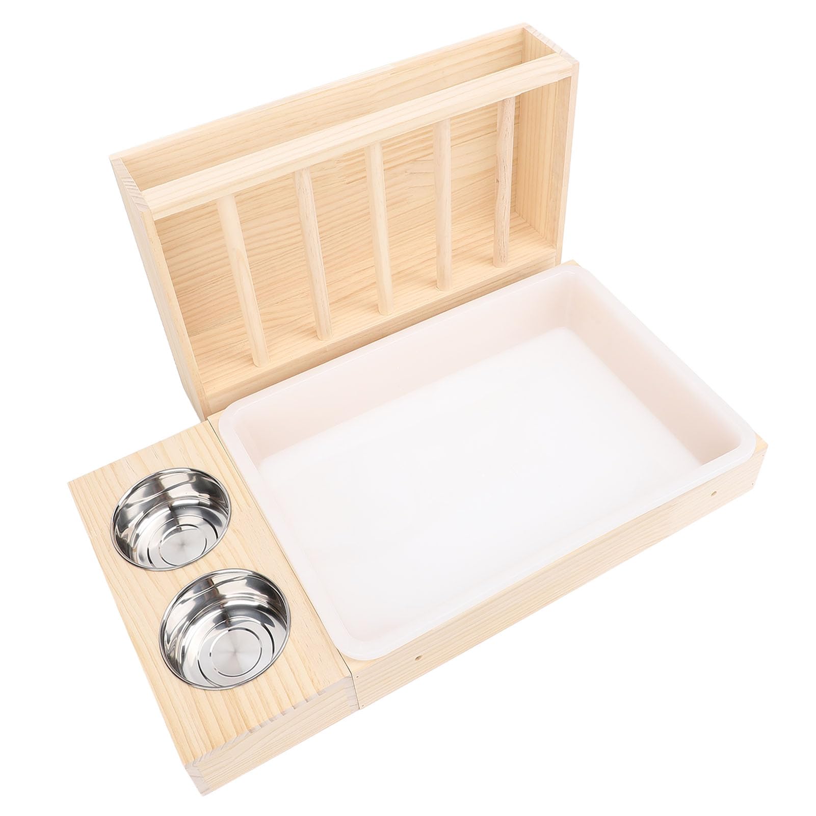 YUYTE Comedero 3 en 1 con Caja de - Comedero de Madera para Conejos con 2 Cuencos de Acero Inoxidable para Conejos, Chinchillas y Hámsters