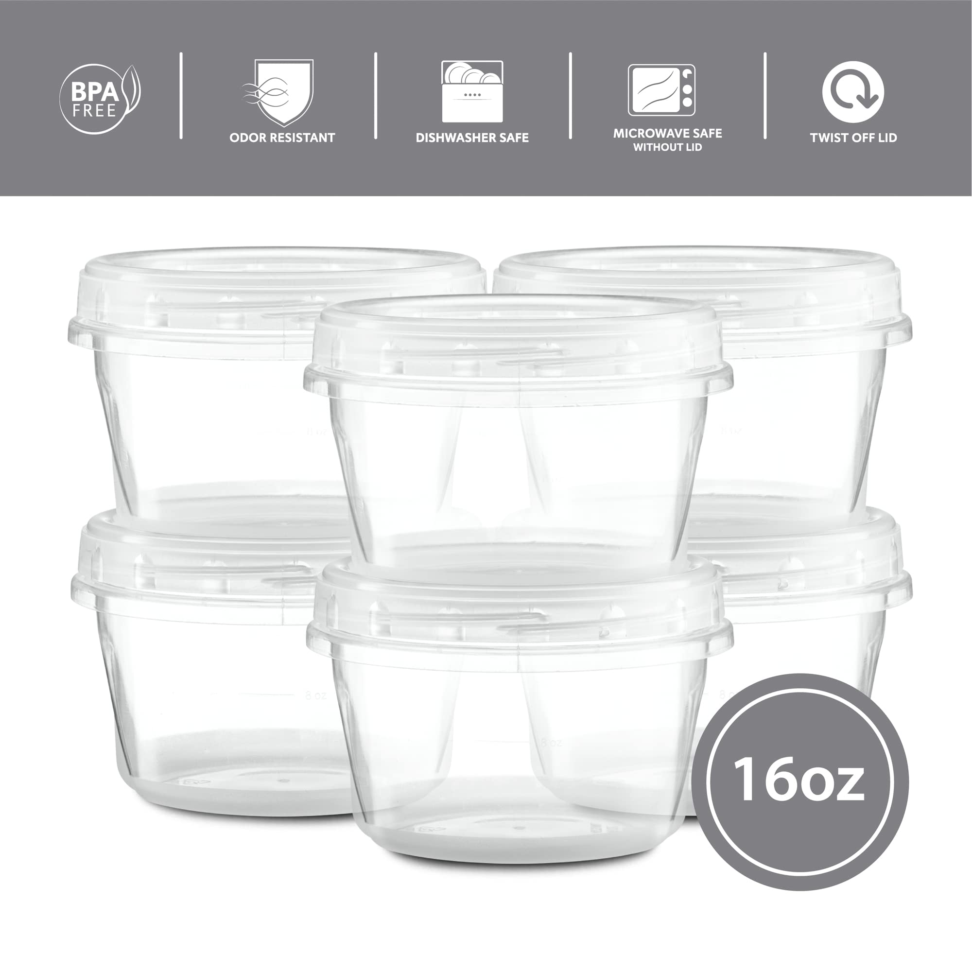 (16 onzas, paquete de 10) Cajas Contenedores de delicatesen con tapa giratoria transparente con tapas roscadas para almacenamiento de alimentos y congeladores