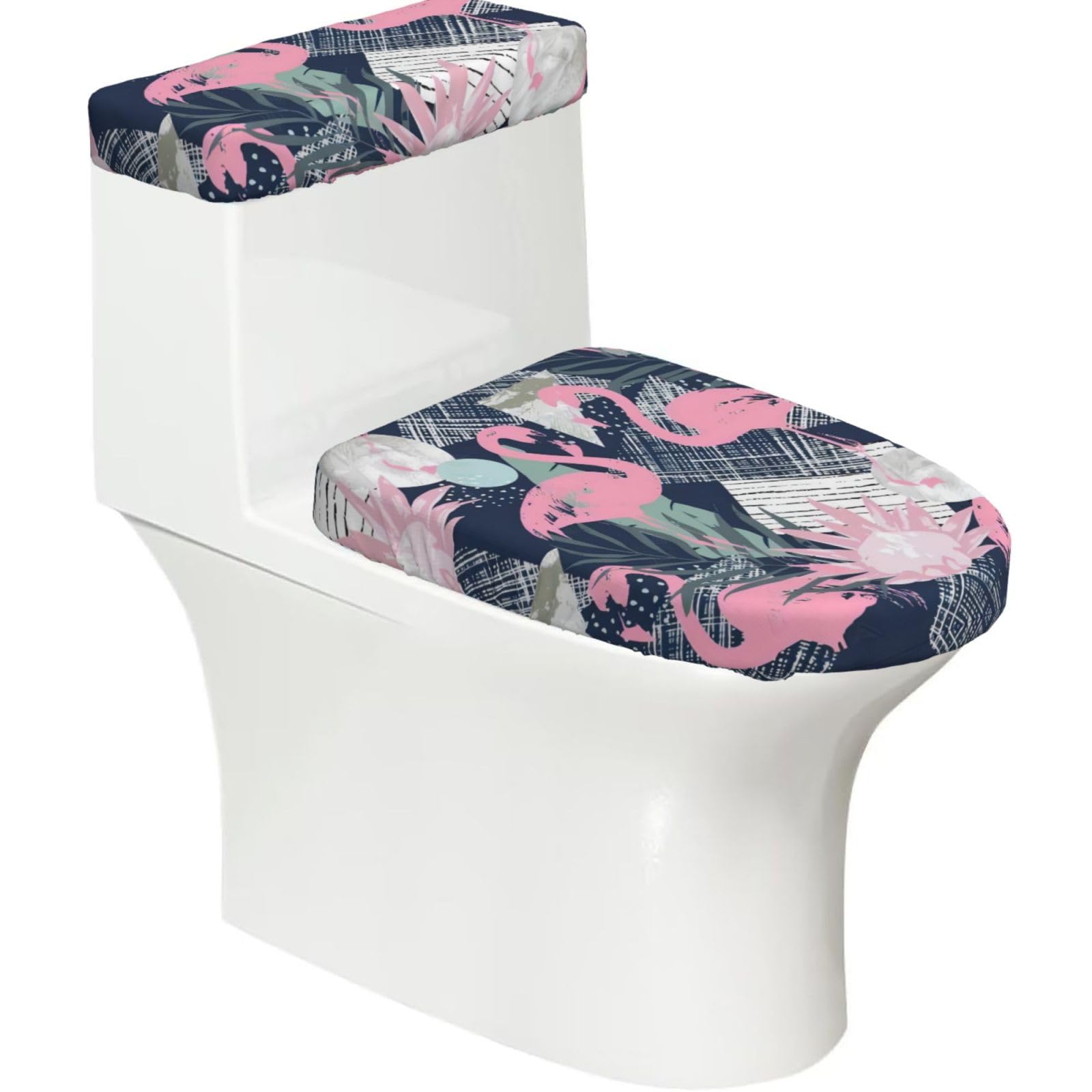 Pink Flamingo and Leaves 2-Piece Toilet Seat Cover Set with Tank Lid - Elastic for U-Shape & Elongated - Bathroom Decor