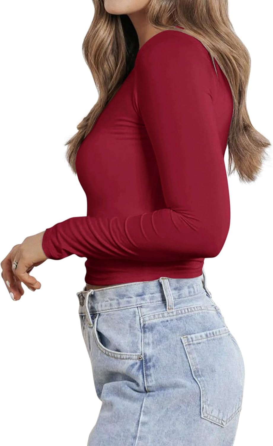 PINKMSTYLE Women Sexy V Neck Lace Long Sleeve Shirts Basic Fitted Double Lined Going Out Y2K Trendy Fall Tops - Image 4