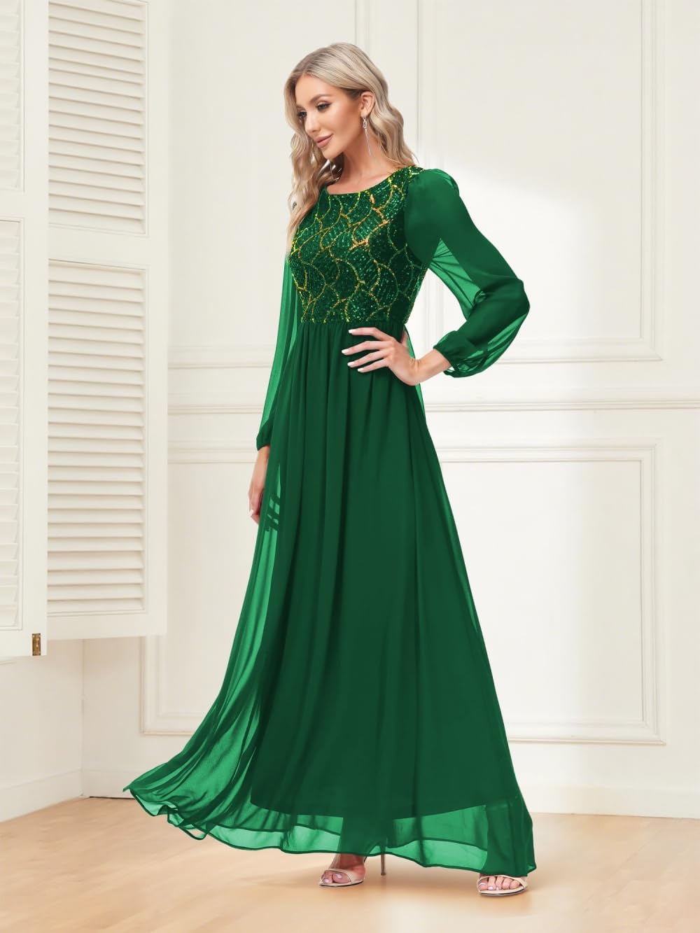Women's Evening Gowns Dress Long Sleeves Sparkly Sequin Chiffon Formal Cocktail Maxi Ball Party Dresses - Image 3
