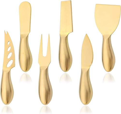 JASHII Juego de 6 cuchillos dorados para queso, juego de herramientas de queso de acero inoxidable 304, cuchillos esparcidores de mantequilla de