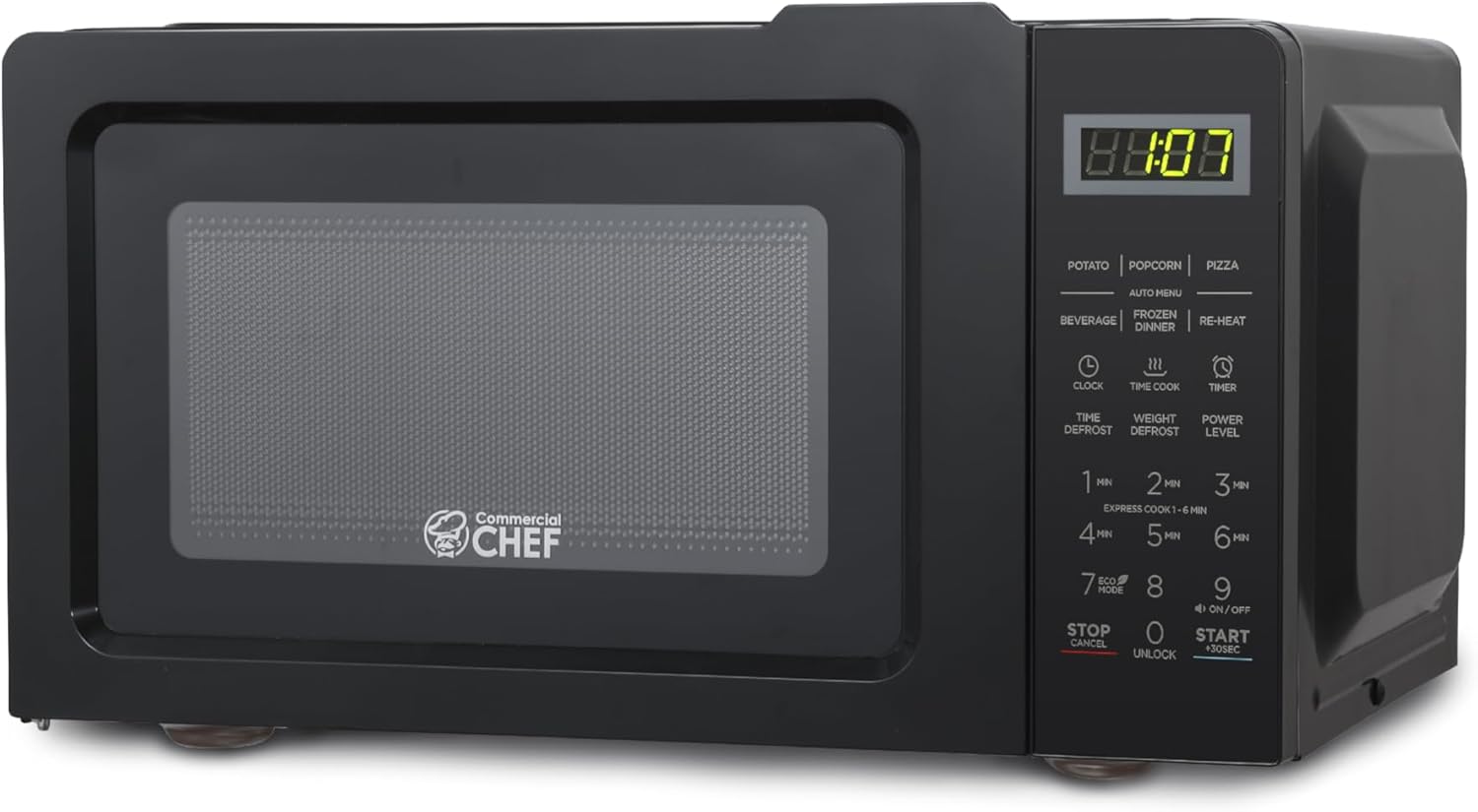 Commercial CHEF CHM770B Cu. Ft. Countertop Oven, 700W, with Digital LED Display, Power Levels, Push Button Door, 10” Diameter Turn Table Microwaves, 0.7 Cubic Feet, Black Black 0.7 Cubic Feet