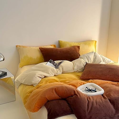 Miniatura 2 de Wellboo Juego de edredón de terciopelo color naranja degradado, tamaño Queen, edredón de terciopelo amarillo y naranja, edredón moderno de franela