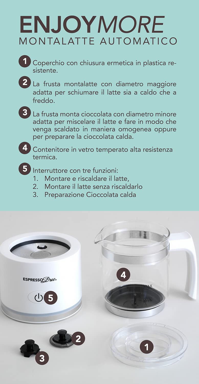 Montalatte Automatico EspressoDue (art. 405), funzionalità: schiuma il latte a caldo, a freddo e cioccolata calda