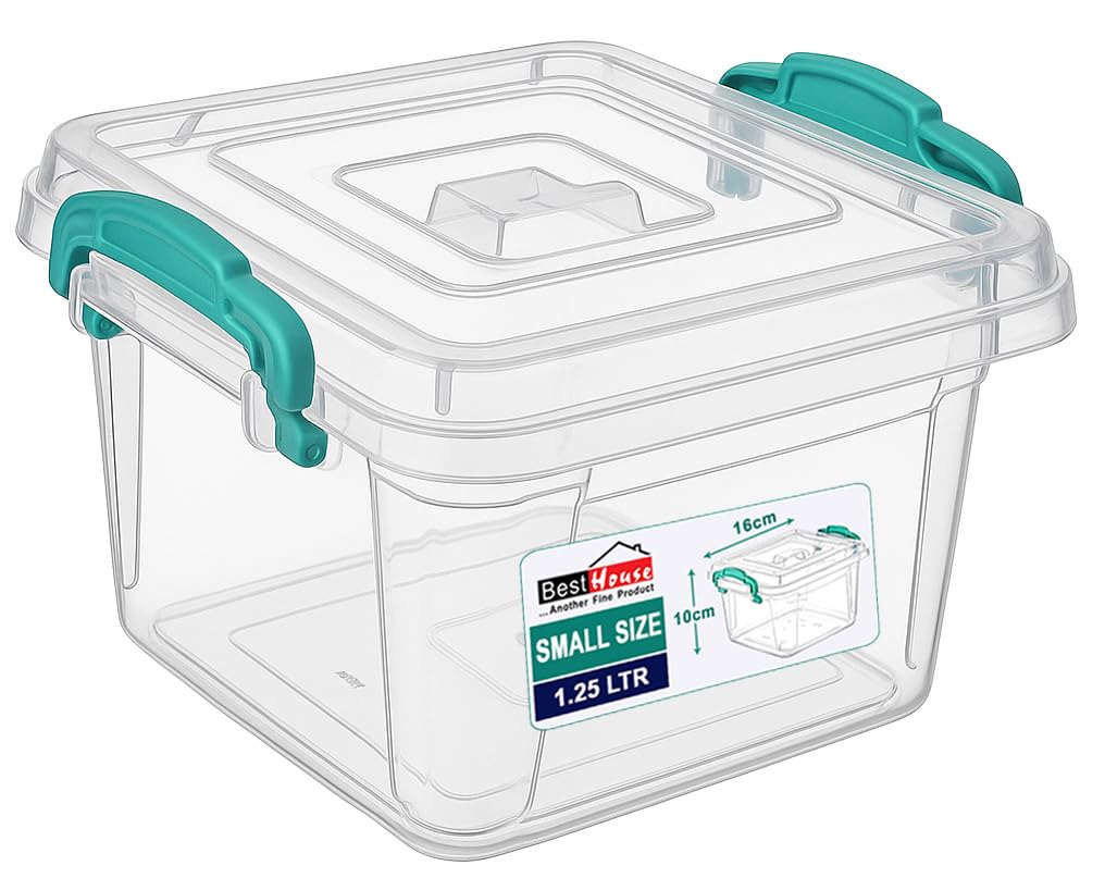 Best House | Small Plastic Storage Box with Clips & Lids | Size 1.25L (L:16.5cm W:16.3cm H:9.8cm)| Set of 1 | Square Shape |Stackable Clear Multipurpose Home Office Kitchen Tools Crafts (1.25 Litres)