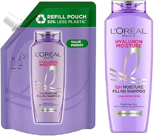 L Oréal Paris Moisture Filling Shampoo, With Hyaluronic Acid, For Dry & Dehydrated Hair, Adds Shine & Bounce, Hyaluron Moisture 72H, 500 ml and 340...