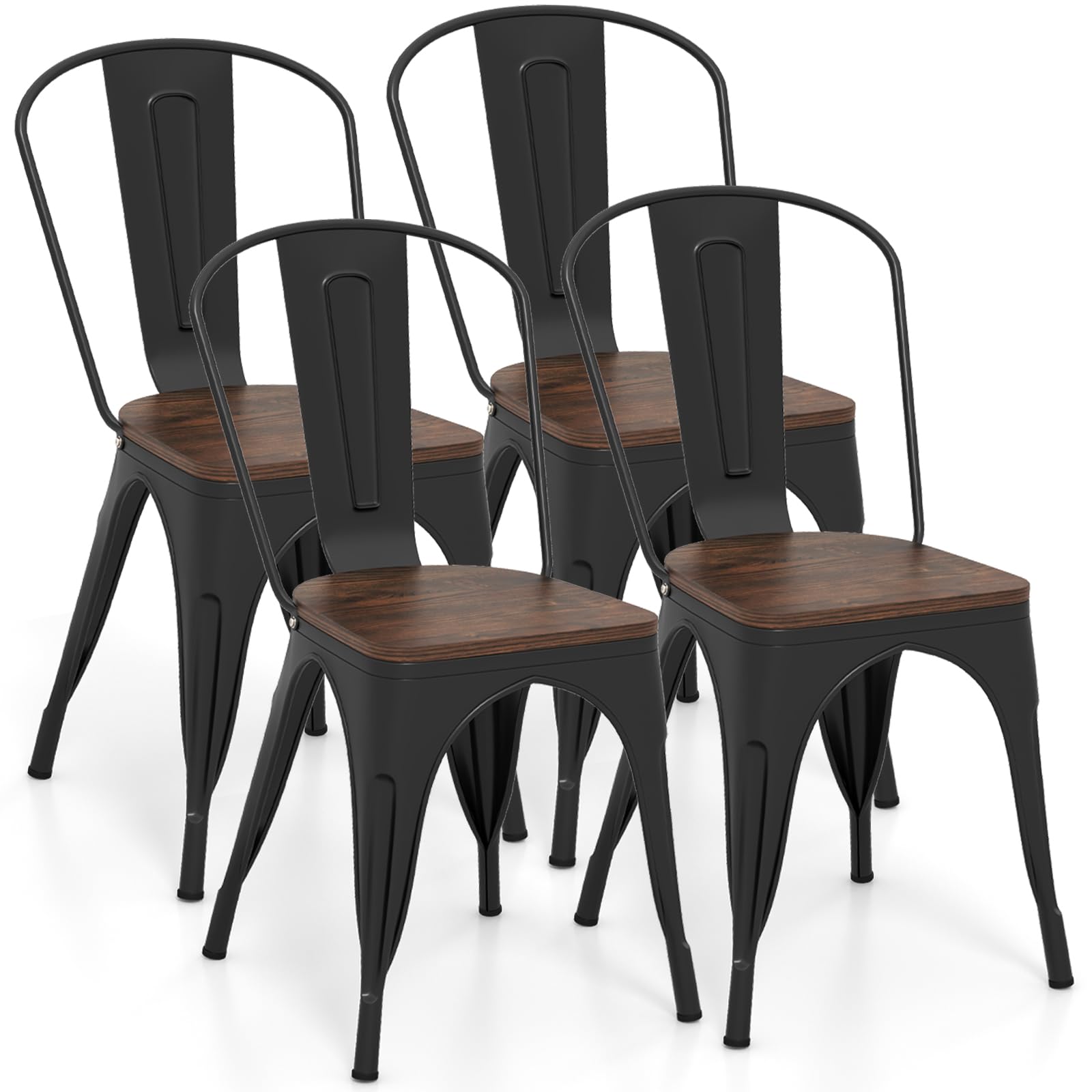 COSTWAY 18 Inch Dining Chair Set of 4, Industrial Vintage Stackable Metal Chairs, Counter Bar Chairs with High Backrest, Wood Seat, for Home, Kitchen