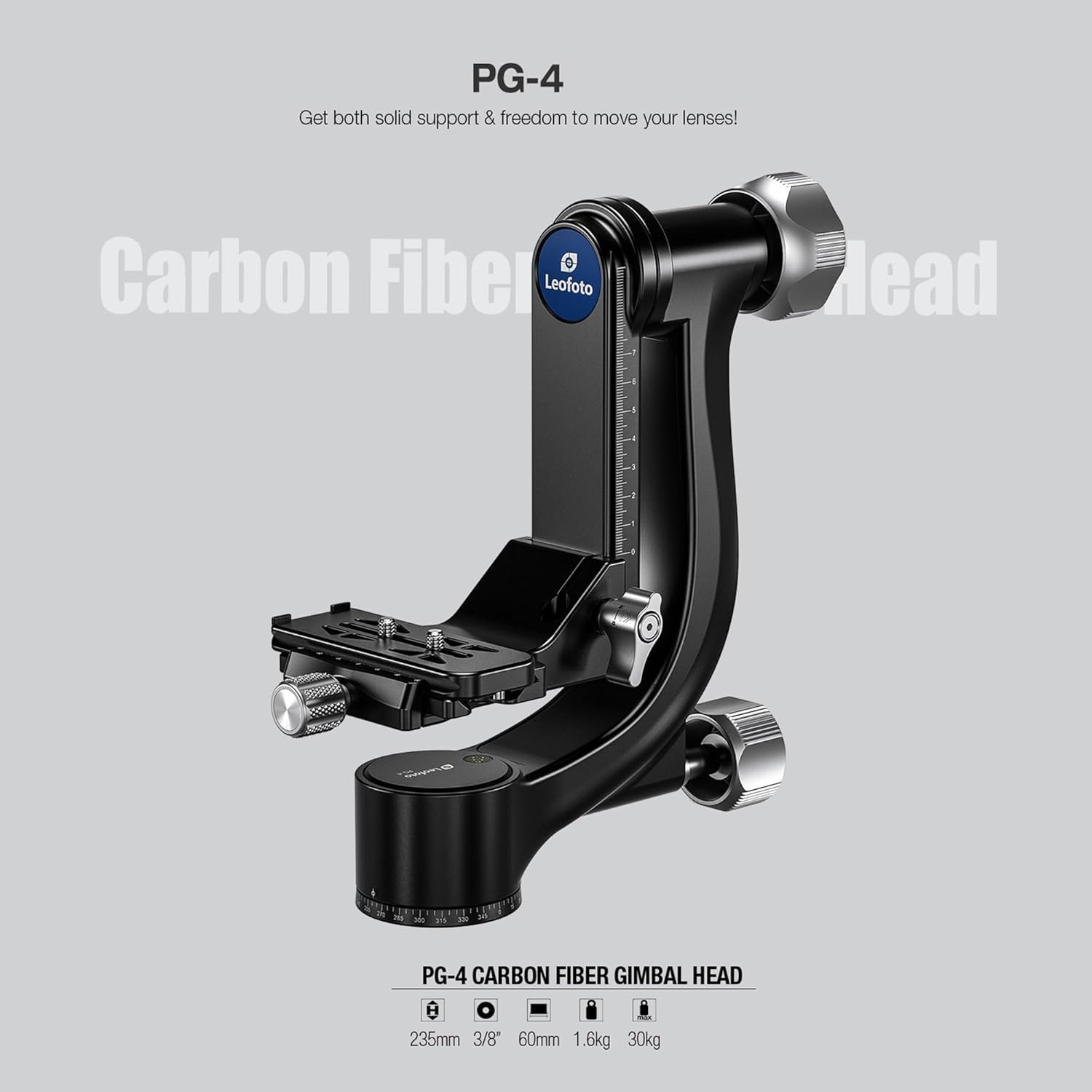 Leofoto Gimbal Head, Compact Outdoor Shooting Gimbal Head with 360° Pan Rotation, 3/8"-16 Mounting Hole and Arca-Type Clamp for DSLR/Camcorder/Camera/Telephoto, Max Load to 30kg /66.14 lb (PG-4-Black)