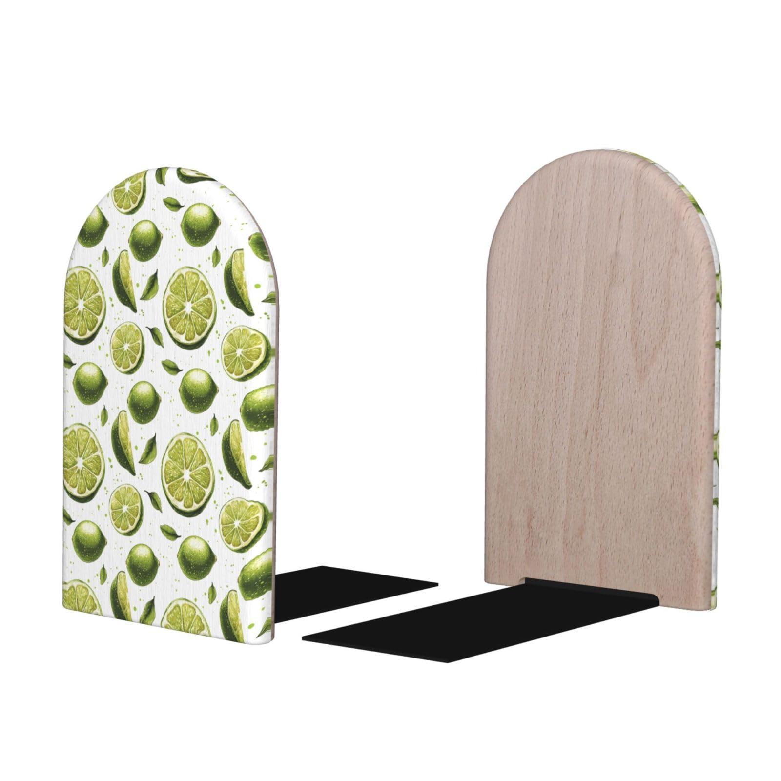 Lime Leaves Print BookEnds 1 Pair, Decorative Bookends for Heavy Books, Wood Book Ends for Shelves, Book Organizer for Home Desk Office Supplies