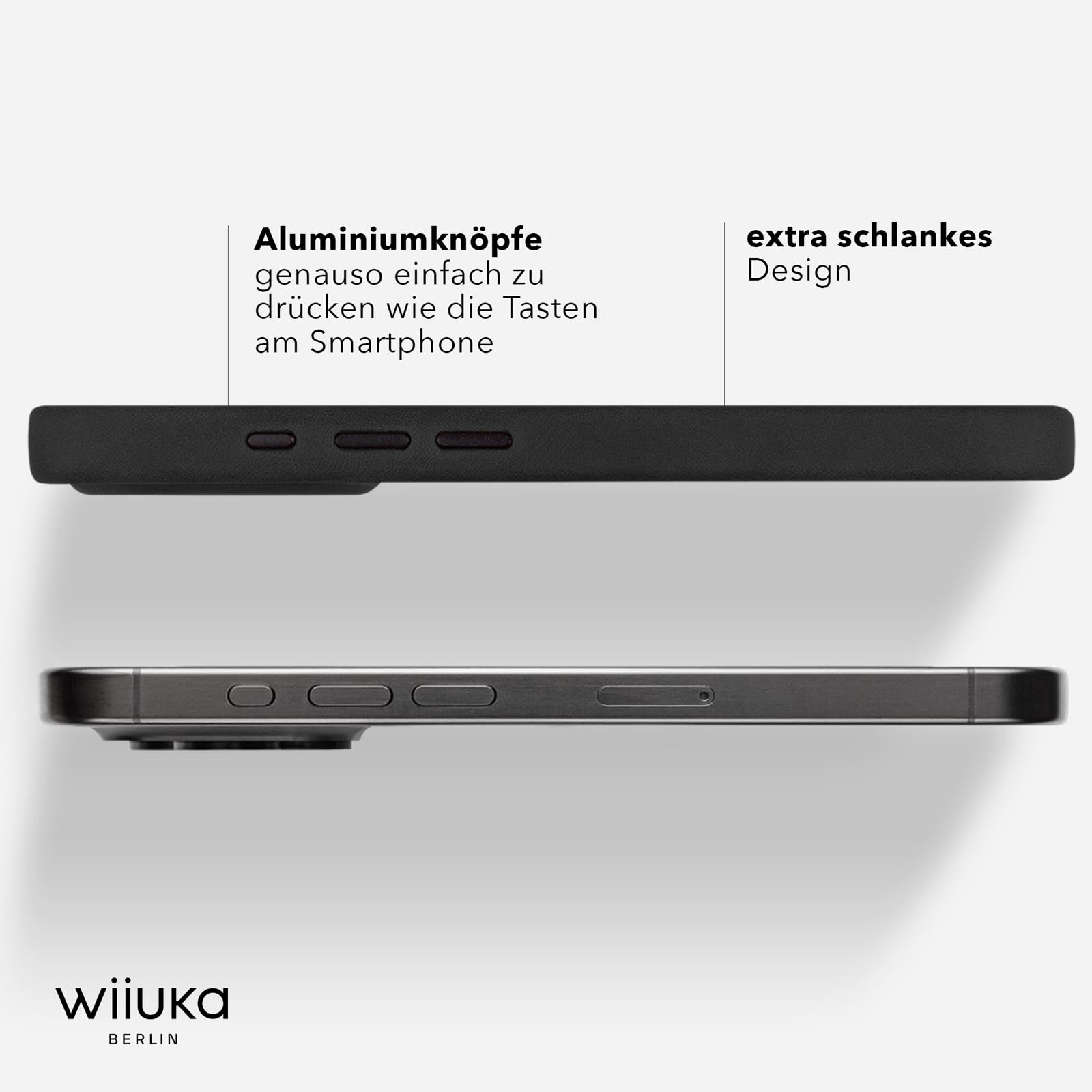 WIIUKA Hülle für iPhone 15 Pro, Leder aus Deutschland, Lederhülle extra Dünn, Premium Handyhülle, Case, Qi, Vintage Schwarz