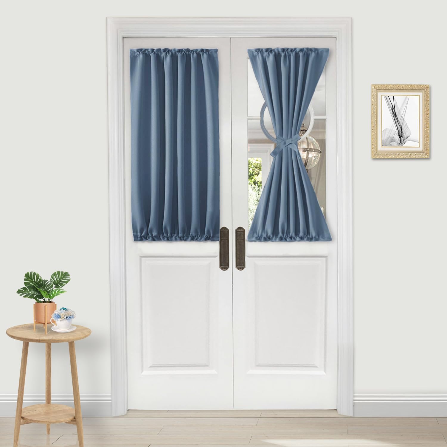 DWCN French Door Curtains โ Rod Pocket Thermal Blackout Curtain for Doors with Glass Window, Kitchen and Patio Doors for Privacy, 25 X 40 Inches Long, 1 Curtain Panel with Tieback,Dusty Blue