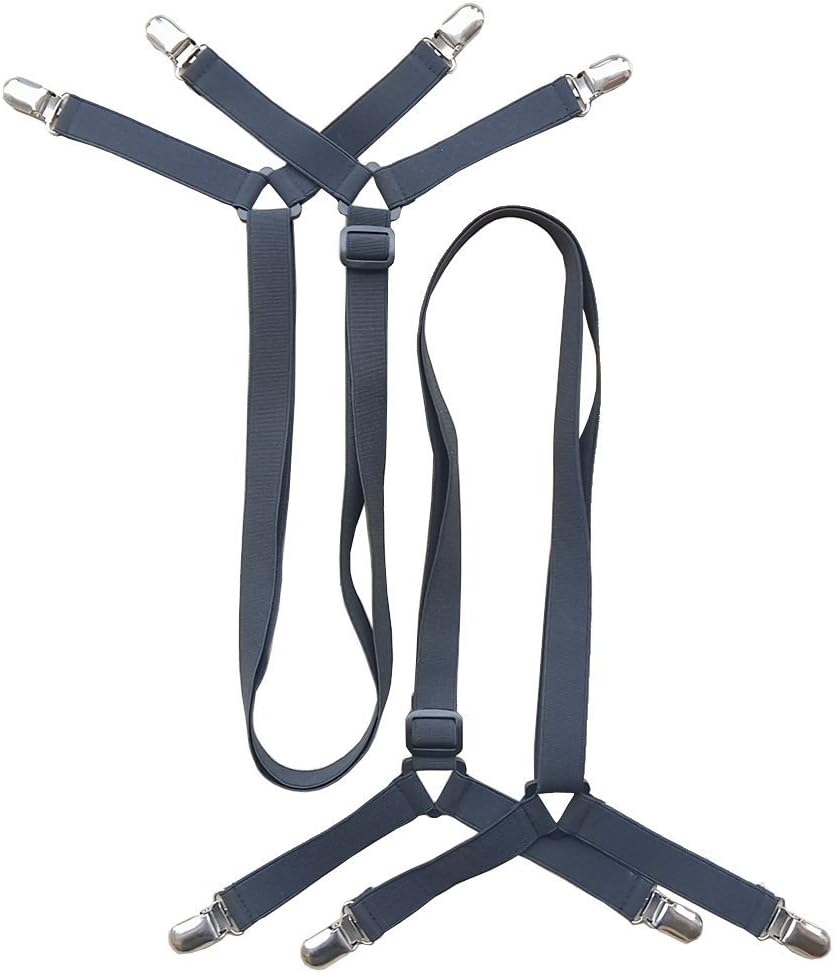 2 Sets Adjustable Bed Sheet Clips Long Straps Elastic Bed Sheet Fasteners Holders Suspenders Grippers - Keep Your Bed Sheets Tight.
