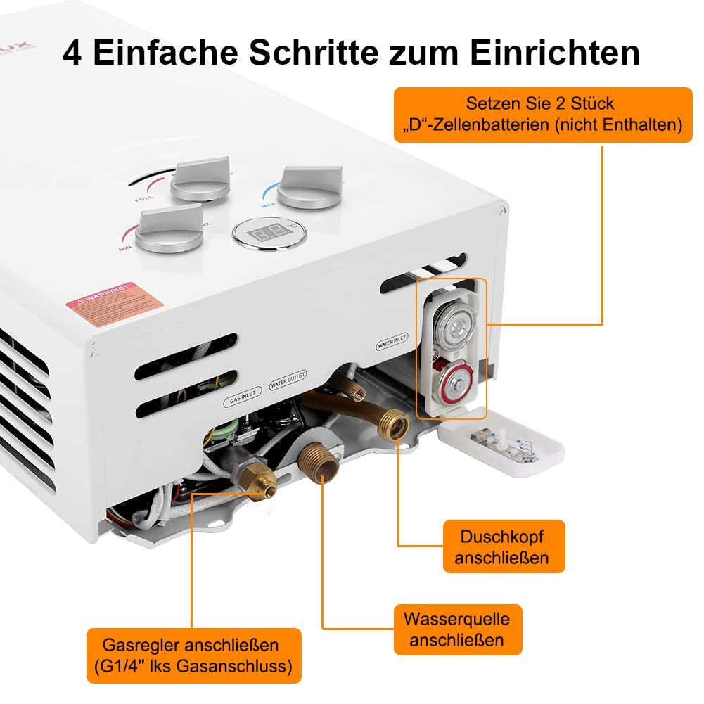 CAMPLUX 16 Liter Gasdurchlauferhitzer im Freien, 50mbar Tankless Gasdusche mit Gasregler, Propanga/Butangas, für Campingdusche/Wohnmobilausflug/Waschpferd, BW422-DE