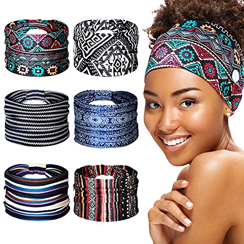 Chuangdi 6 Pieces Headband With Buttons For Mask African Boho Knot Turban Headbands Nurse Elastic Headbands Sport Beach Hair Accessories For Women Girls (Attractive Patterns) #TOP8