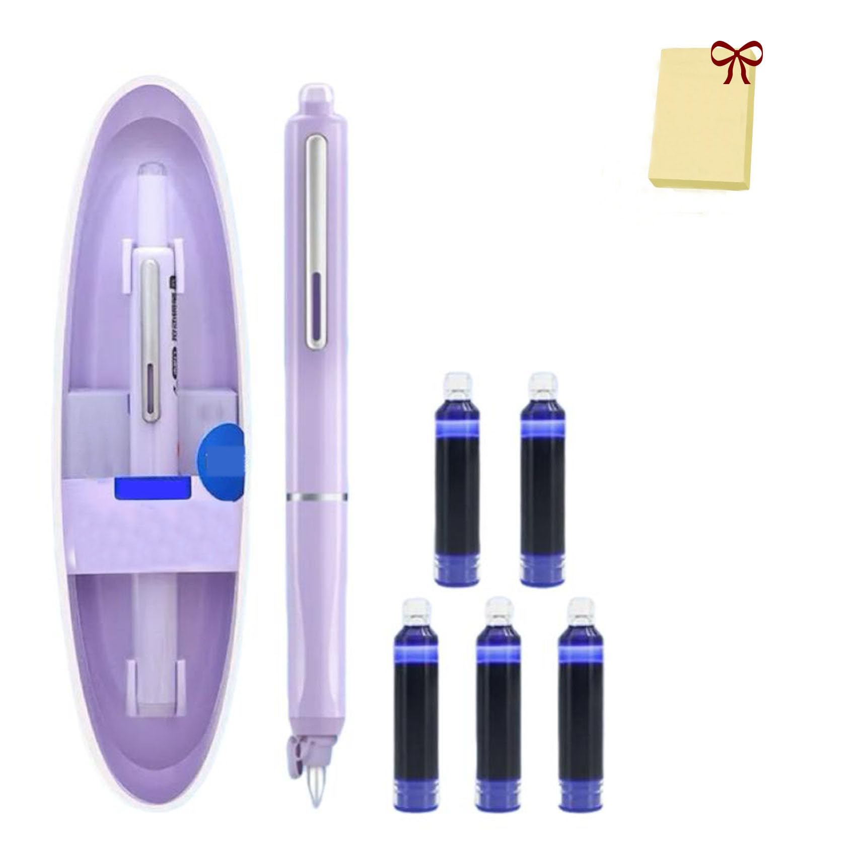 Retractable Fountain Pen, Multicolor Pressable Gel Pen, 0.38mm Blue&black Ink Barrel Includes 5 Refillable Ink Cartridges, Smooth Writing No Leaking (Purple,Erasable Blue)