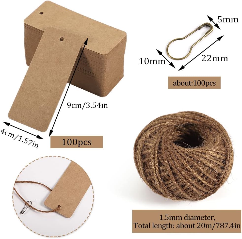 100 pcs Gift Tags with String, Christmas Gift Tags Blank Tags with Safety Pins,Name Tags for Gift Bags Label Clothes Arts and Crafts(Kraft Paper)