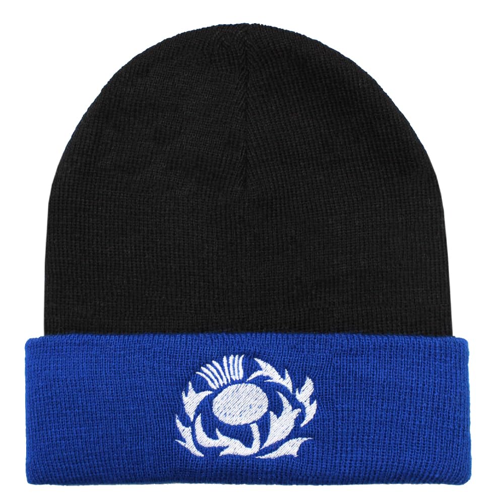 TeddyT's Men's Scotland Thistle Rugby Embroidered Black & Blue Beanie Hat