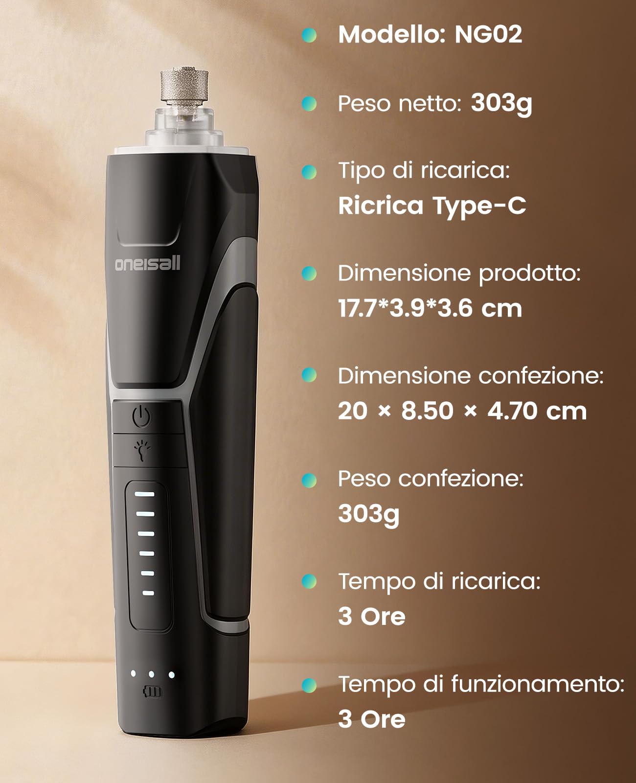 oneisall Lima Unghie Cani NG02 | Professionale, Luce LED a 360°, 6 velocità fino a 12000RPM, Silenzioso 40 dB, Adatto a cani di taglia grande, media