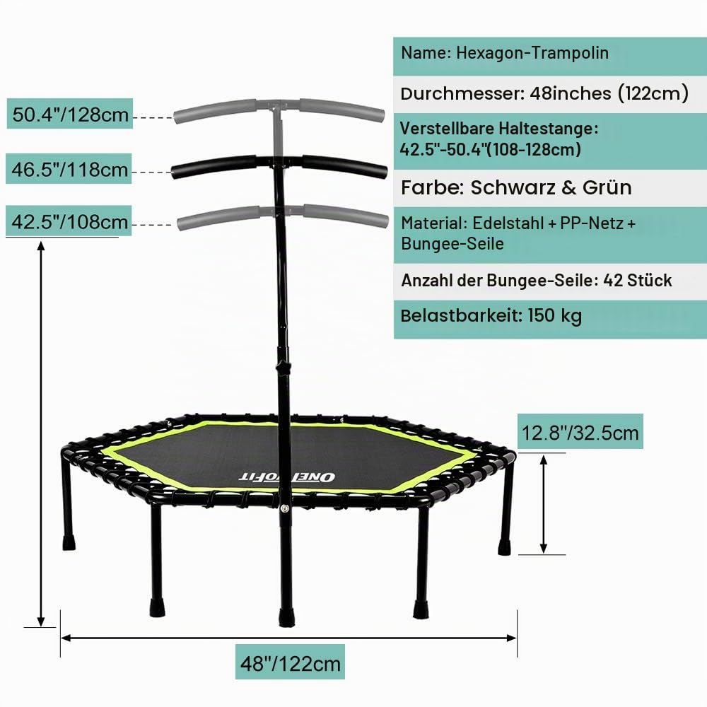 ONETWOFIT 122cm Mini Trampolin Outdoor mit verstellbarem Handgriff, Fitness Trampolin Indoor, Bungee Rebounder, Jumping Cardio Trainer Workout