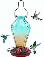 Glass Hummingbird Feeder for Outdoors Hanging, 25Oz Humming Bird Nectar Feeder, Perch, 5 Flower Feeding Ports, Leak Proof Base, Hook for Outside Garden Backyard, Gift for Women, Diamond Green
