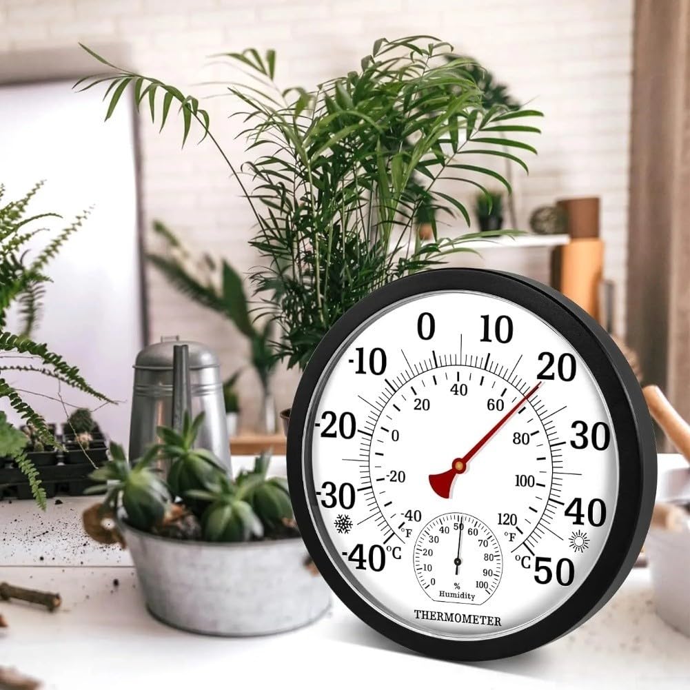 Termómetro higrómetro inalámbrico, calibre analógico de 25 cm para interiores y exteriores con pantalla acrílica grande, temperatura de -40 a 50 °C y 0-100% para humedad RH para invernadero — view 7