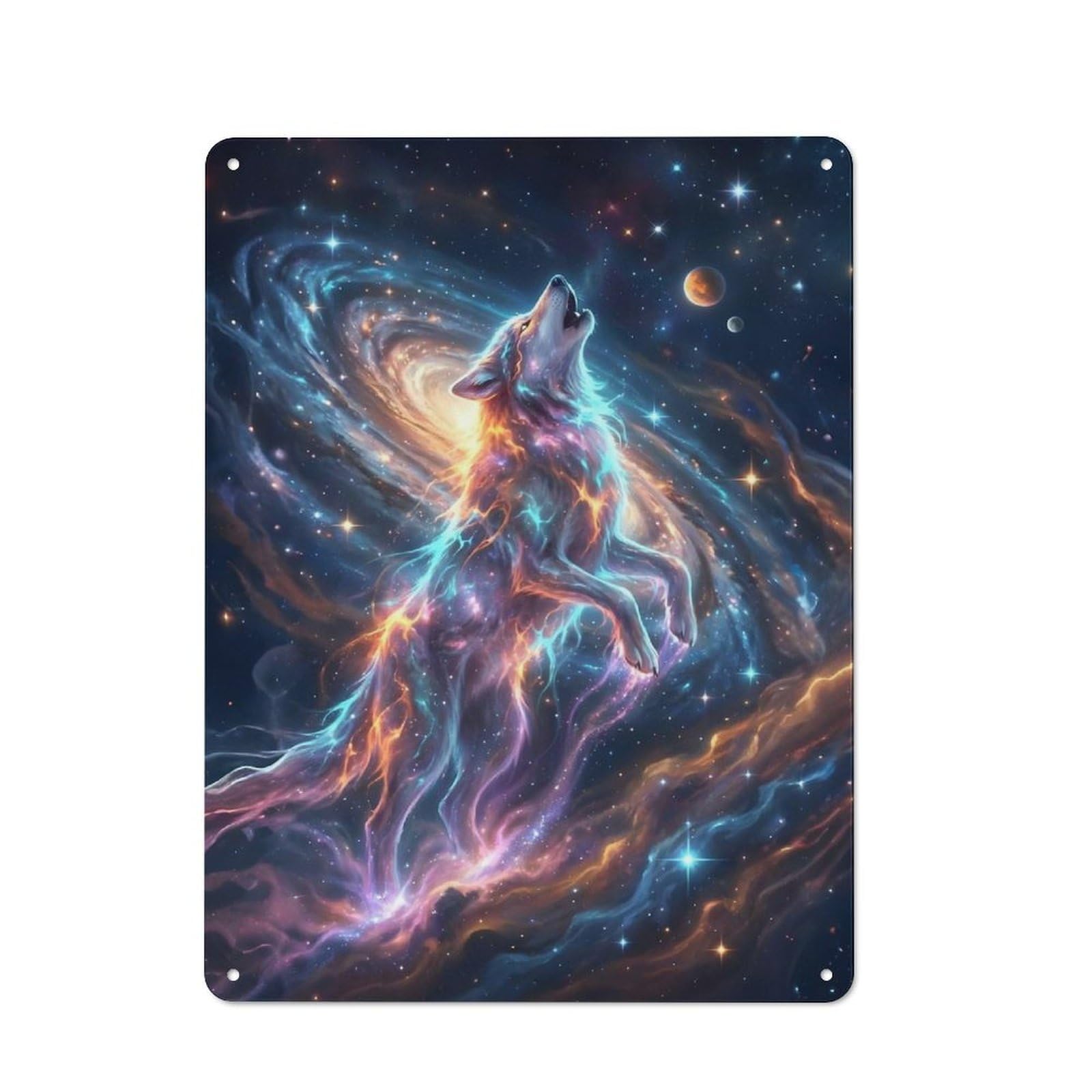 Junmoney Style-7 Vintage Tin Sign 40X30cm With Cosmic Wolf Howling At The Moon For Living Room Or Hallway, For Vintage Wall Decor Fans, For Metal Sign Collectors