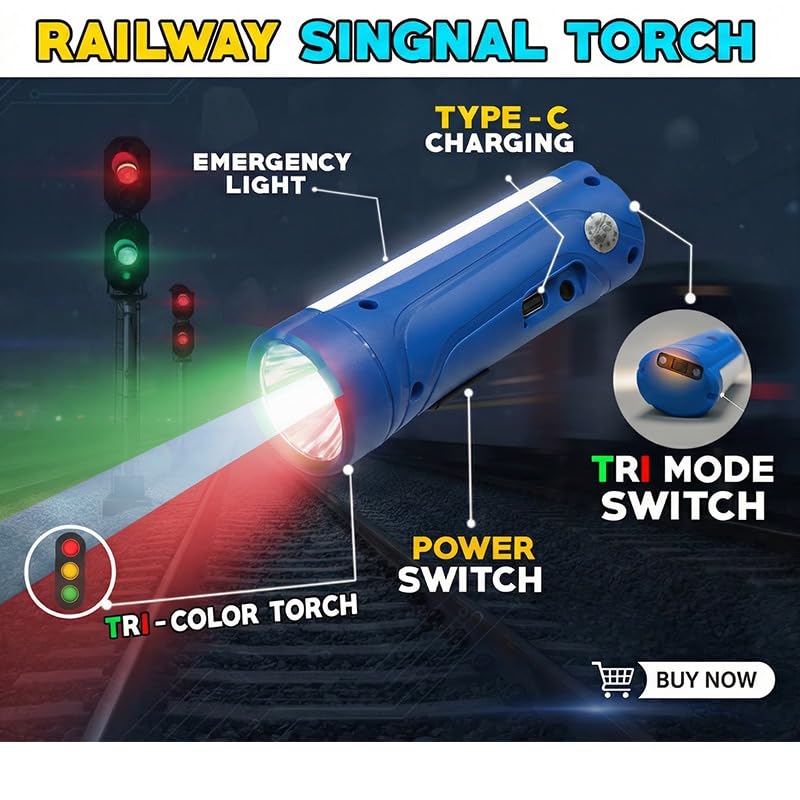 Image of 4-in-1 LED Railway Signal Torch,Railway tri Colour Torch,All Right Light (Blue),Rechargeable Flashlight for Railway Signaling,
