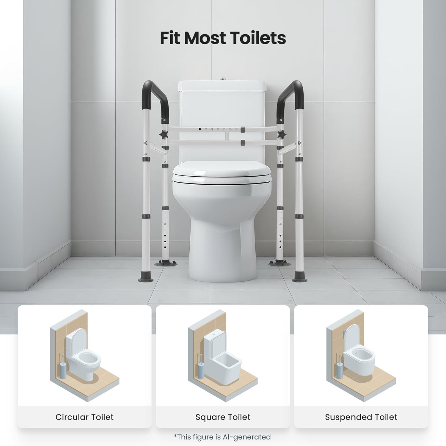 Careboda Uchwyty Bezpieczeństwa do Toalety,136KG | Toilet safety frame, non-slip grips, ht adj, 136kg, fits standard WC, seniors/disabled.