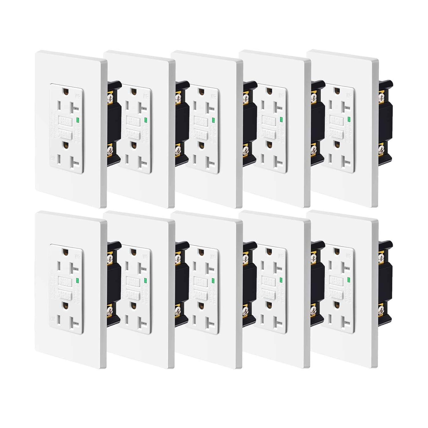 20 Amp GFCI Outlet Weather Resistant 10 Pack,NineLeaf 20Amp Ground Fault Circuit Interrupter with Led Indicator,Screwless Wall Plates and Screws Included, Etl Certified, for Indoor Outdoor,White