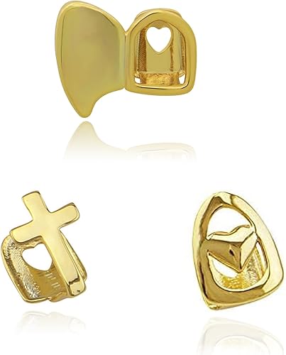 3 piezas chapadas en oro de 18 quilates con acabado de oro de oro Grillz corona de tapa de un solo diente, parrillas de boca hip hop, colmillo con