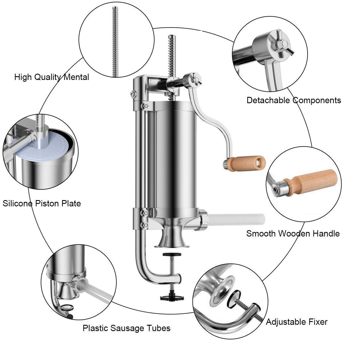 Manuell Wurstfüller, Wurstfüllmaschine Edelstahl - 2,5LBS Wurstfüller Vielseitig für Würste, Fleischwölfe, Käse - Sausage Stuffer mit 4 Füllrohren & Saugfuß für Haushalt, Metzgerei & Gewerbe