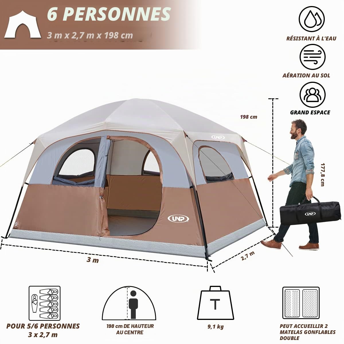 UNP Tentes pour 6 Personnes, imperméable, Coupe-Vent, Installation Facile, Tente de Camping familiale Double Couche - 3 x 2,7 x 2 m (H)