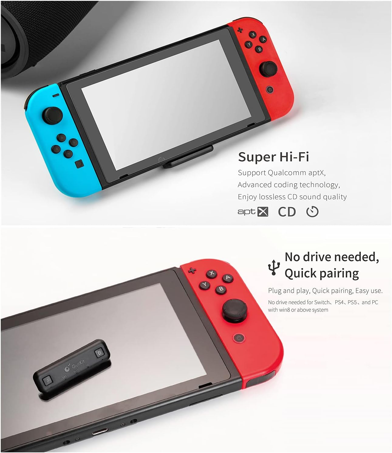 Gulikit Route Air Nintendo Switch Bluetooth Adapter, Wireless Audio Transmitter w/aptX Low Latency, AirPods Bluetooth Headphone Speakers Headset for Nintendo Switch & Switch Lite, PS5 PS4 PC etc.Black