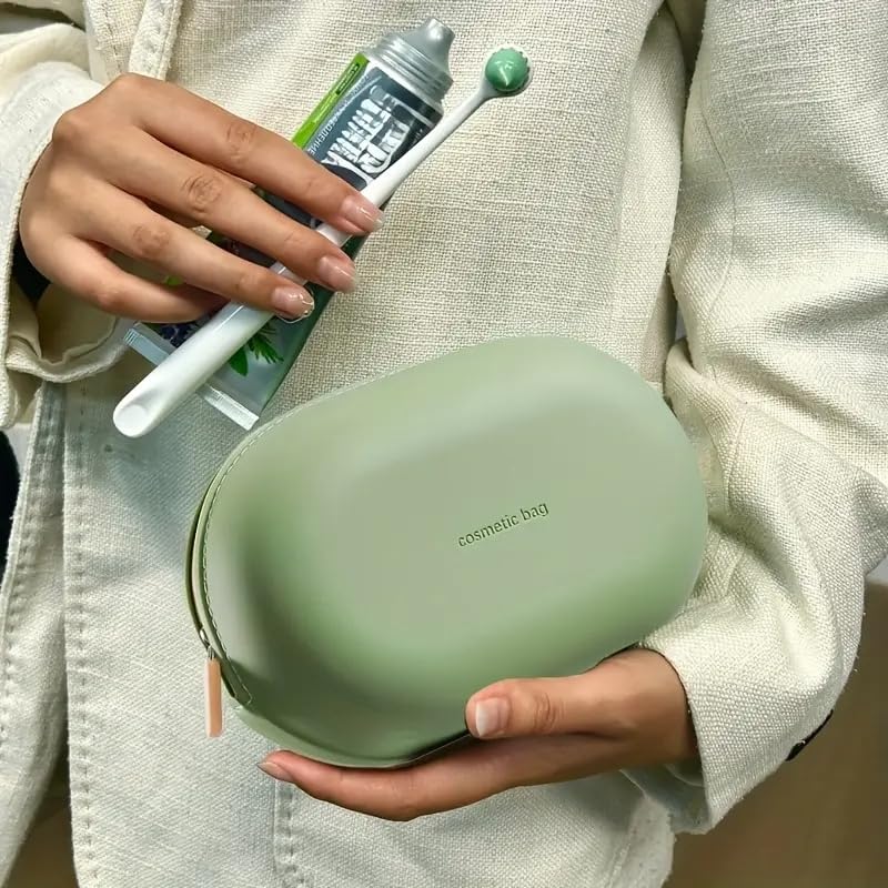 Image of Silicone Makeup Bag, Makeup Brush, Lipstick, and Cosmetic Item Carry Pouch, Travel Portable Makeup Brush Bag, Waterproof Travel Toiletry Bag with Zipper Closer, Silicone Travel Pouch (Green)