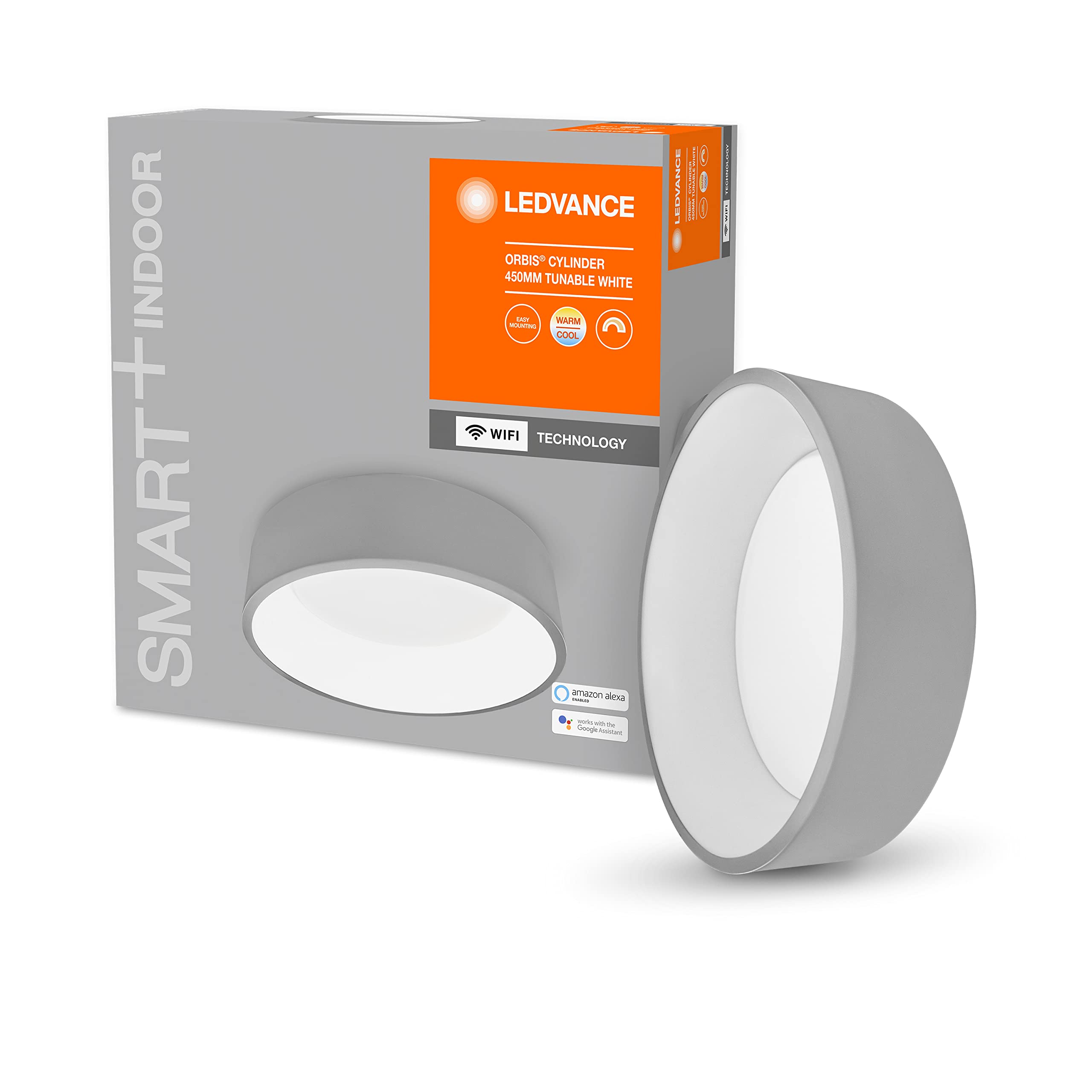 LEDVANCE Applique e plafoniera LED intelligente per interni con tecnologia WiFi, colore della luce variabile (3000K-6500K), grigio, 450 mm, compatibile con Google e Alexa, SMART+ WIFI ORBIS CYL
