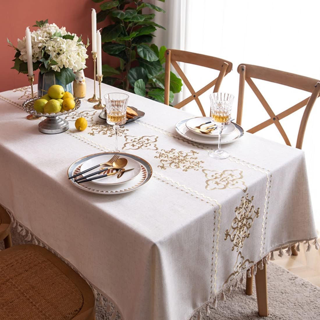 Bringsine Washable Cotton Linen Solid Design Tablecloth,Rectangle Table Cloth Cover for Kitchen Dinning Tabletop Buffet Decoration Auspicious Clouds Gold(Rectangle/Oblong,55 X 102 Inch)