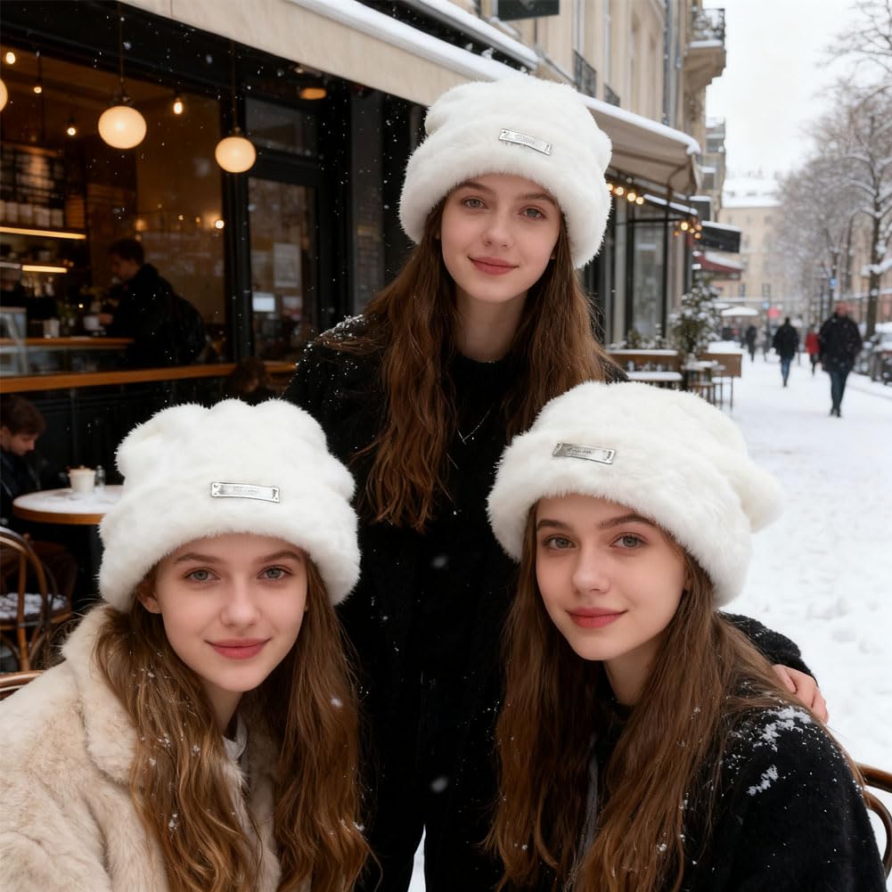 Sombrero de Oreja de Gato, Sombrero de Punto de Invierno Femenino, Sombrero de Punto Elástico de Moda, Adecuado para Actividades al Aire Libre y Uso Diario en Clima Frío - Beige