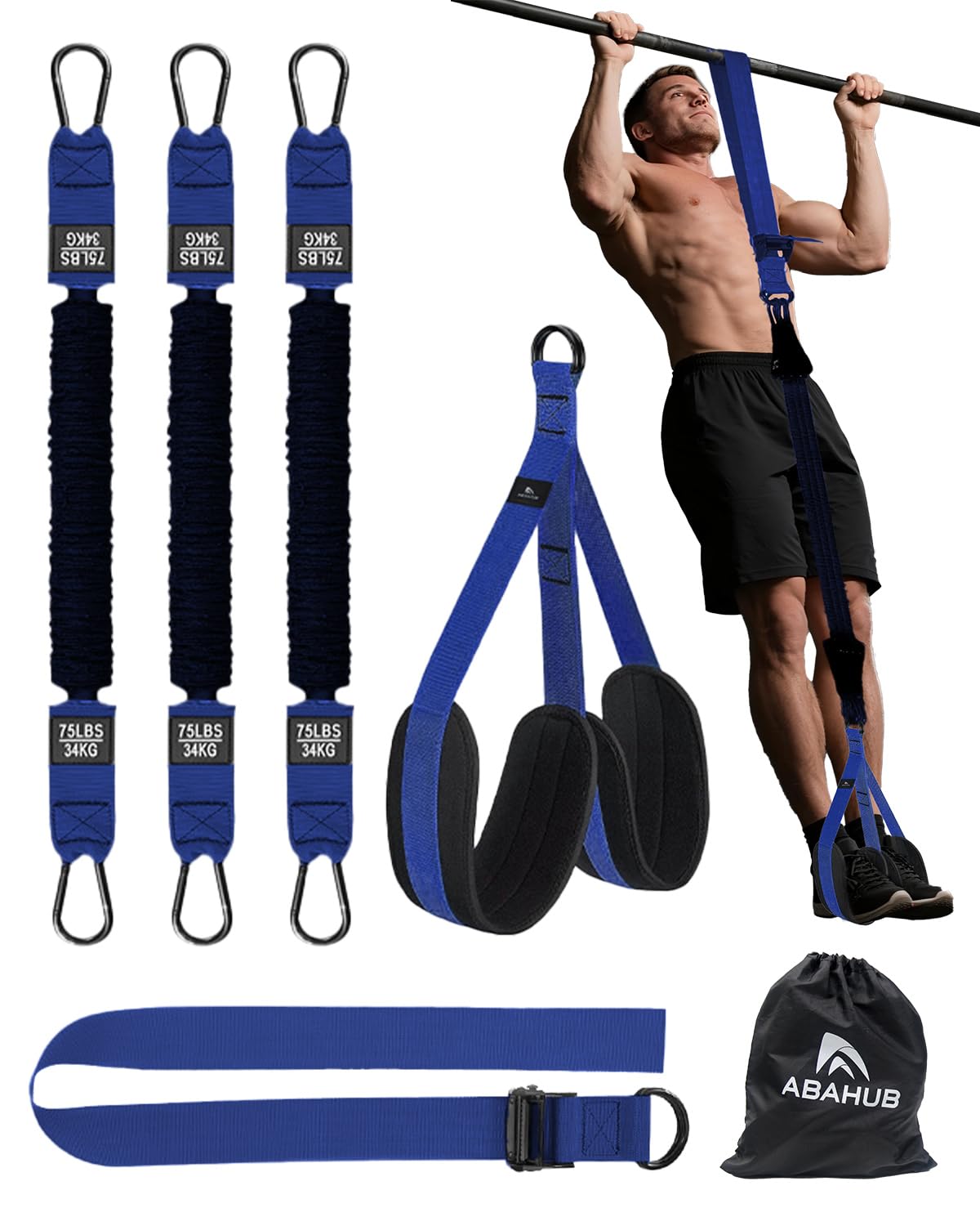 Abahub Pull Up Assistance Bands, Heavy Duty Resistance Band For Pull Up Bar, Pull Up 225lbs Assist Belt, Adjustable Weight/Size with Fabric Feet/Knee Rest/., Home Gym, Strength Training, Blue