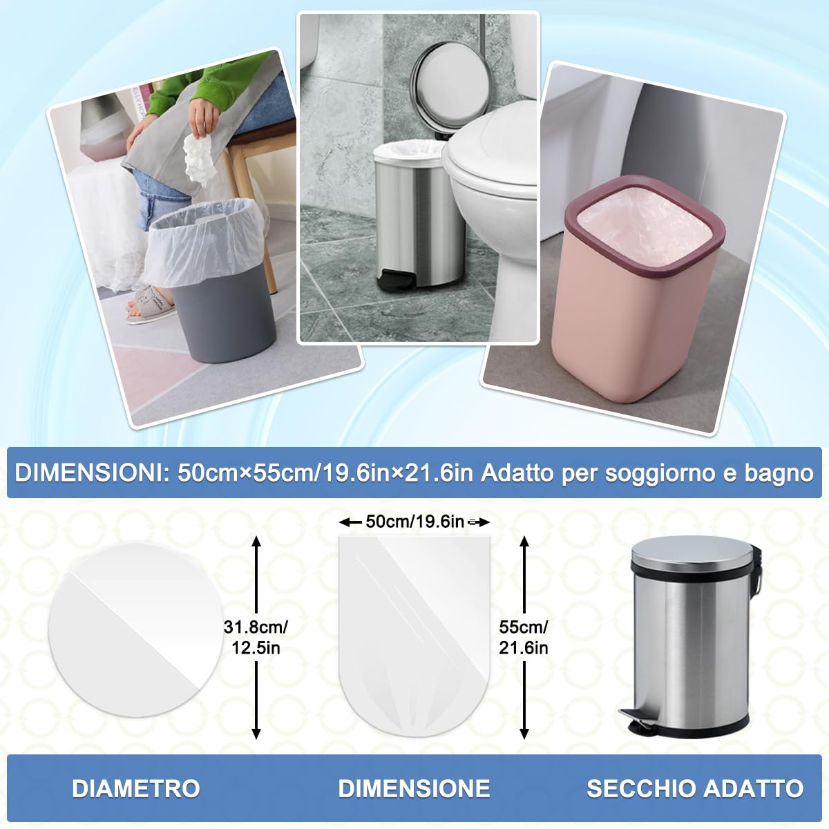XUXRUS 100 Pezzi Sacchetti Immondizia 15 Litri, 50×55cm, Sacchetti Spazzatura Piccoli, Sacchi Rifiuti, Bianco, Antistrappo, Resistenti, Alta Qualità per Bagno, Cucina, Soggiorno