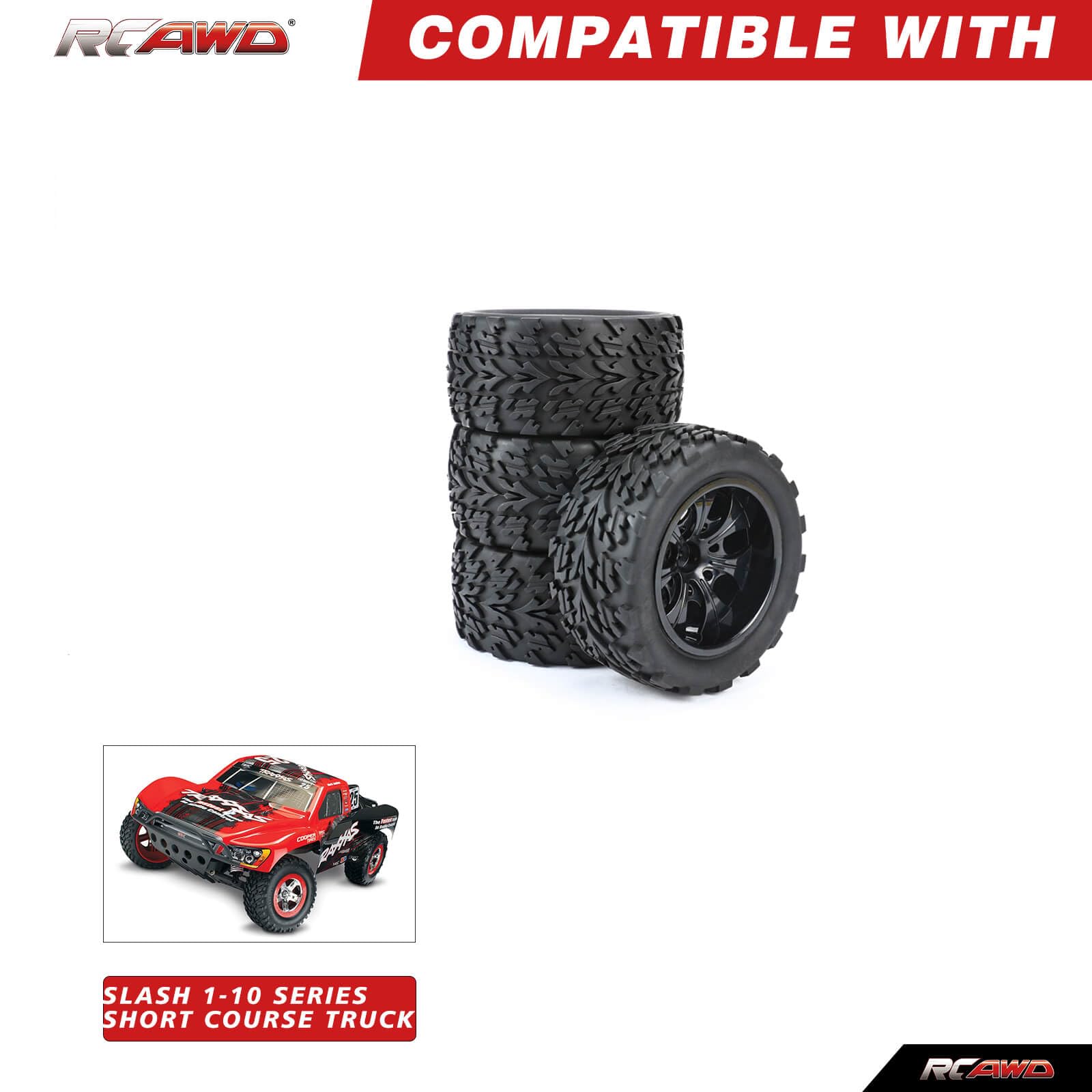 RCAWD for Traxxas Slash 4X4 & Slash 2WD & Hosim & DEERC & LAEGENDARY 1/10 Pre-Glued Wheel Tire Set Upgrades,All for 12mm Hex Adapter 1/10 Monster Truck Part LG-014BL