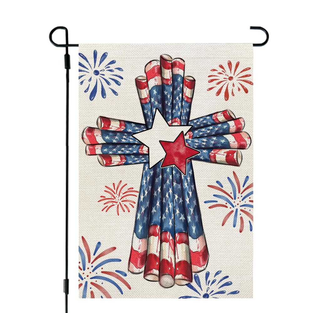 CROWNED BEAUTY 4th of July Cross Garden Flag USA Stars Double Sided 12x18 Inches for Outside Small Burlap Religious Patriotic Independence Memorial Day Holiday Yard Decoration CF1773-12