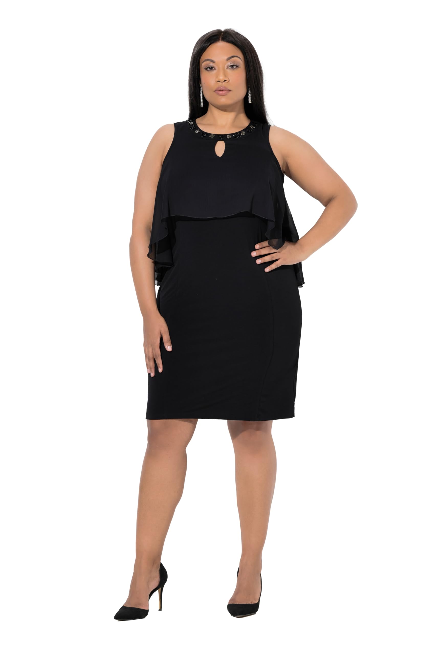 Ulla Popken Damen große Größen Übergrößen Plus Size Chiffonkleid, Slim, Rundhals, ärmellos, doppellagig 847431