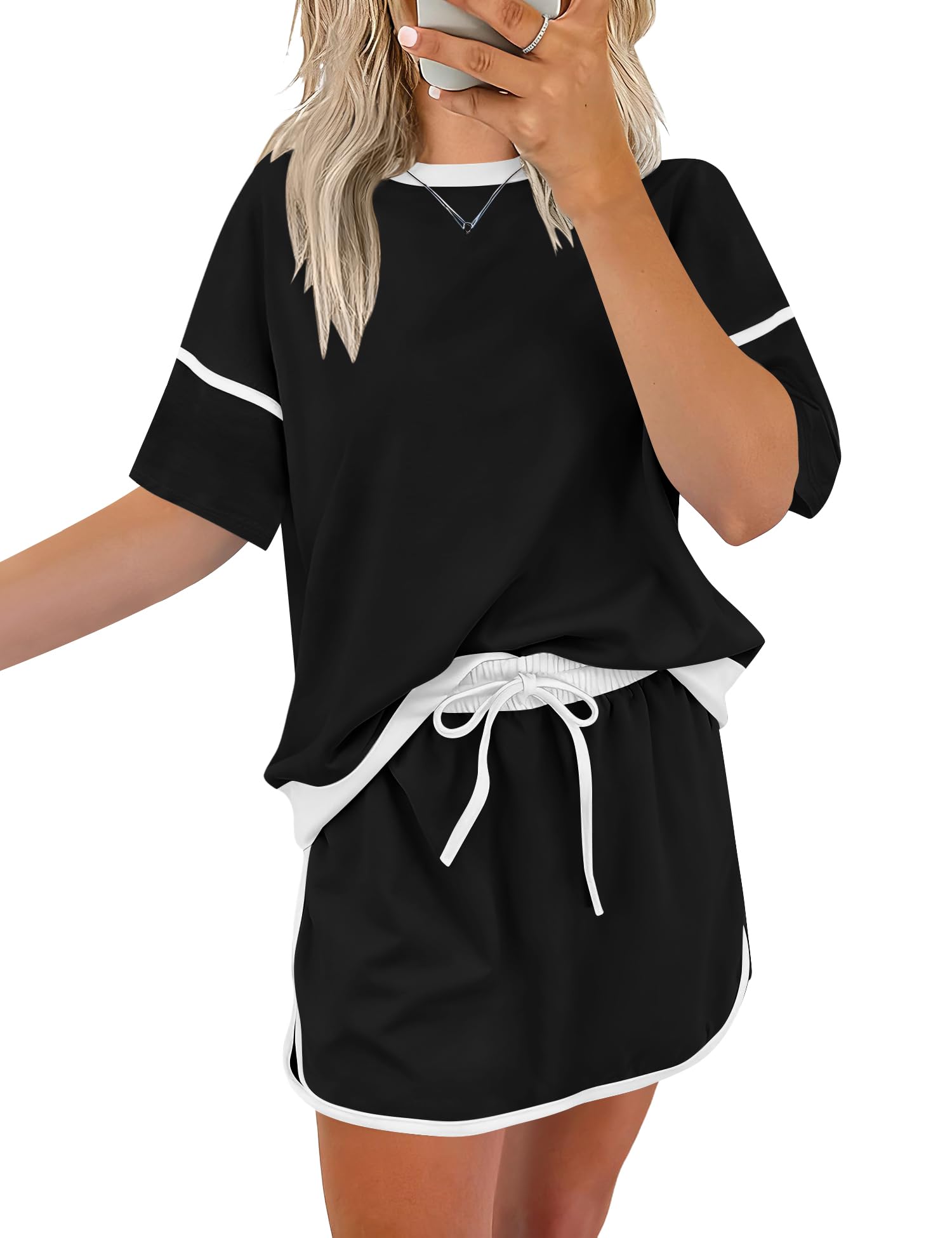 Rapbin Womens 2 Piece Sets Summer Casual Short Sleeve Tops Matching Drawstring Mini Skirt Going Out Lounge Outfits